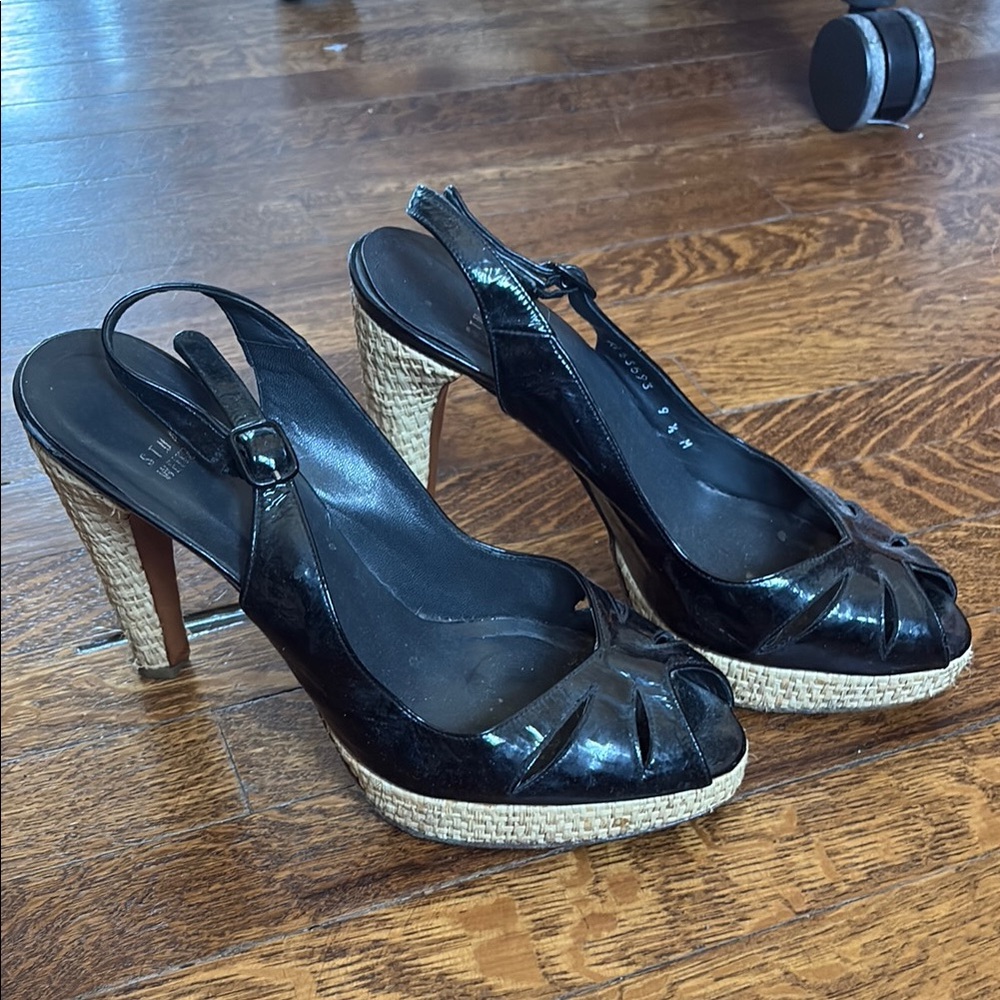 Stuart Weitzman Black Slingback Heels with Woven Platform
